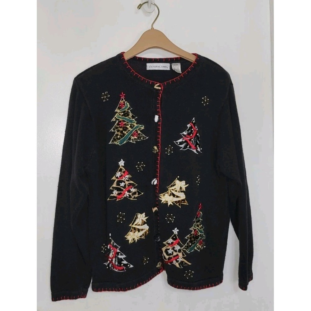 Vtg Christmas Cardigan Sweater Womens XL Animal Print Trees Beaded Embroidered